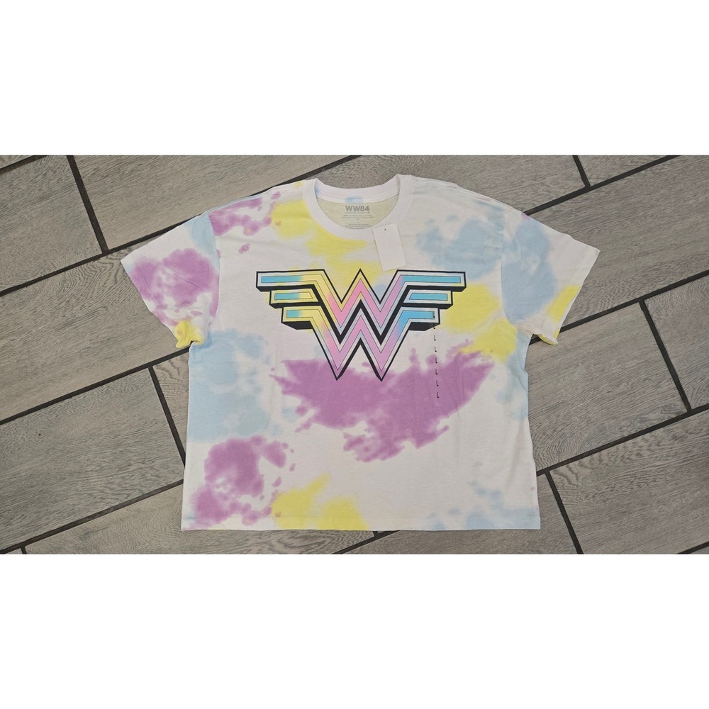 WW84 Wonder Woman 1984 Tie Dye Graphic T-Shirt Crop Large Pastel Logo Tee NWT